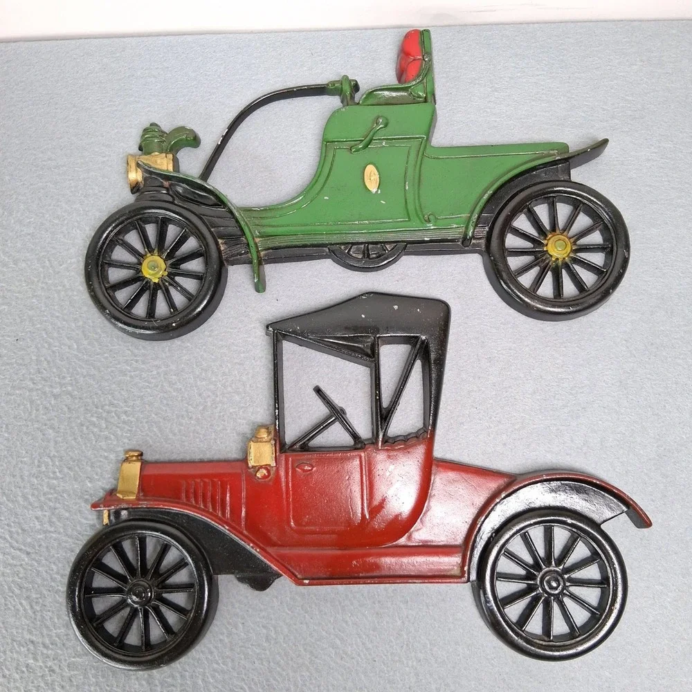 Midwest Cast Iron Wall Decor Ford Model T Green Runabout Vintage Car Plaque Set